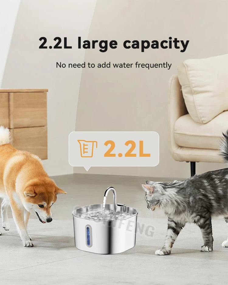 2.2L Stainless Steel Cat Drinking Fountain AC Powered, No Battery Needed, Quiet Pet Water Dispenser with Strip Window