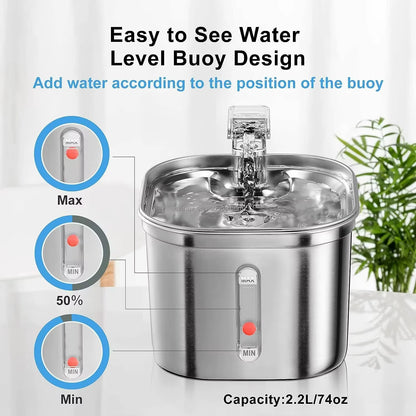Stainless Steel Pet Water Fountain, Automatic Cat Water Dispenser with Running Stream