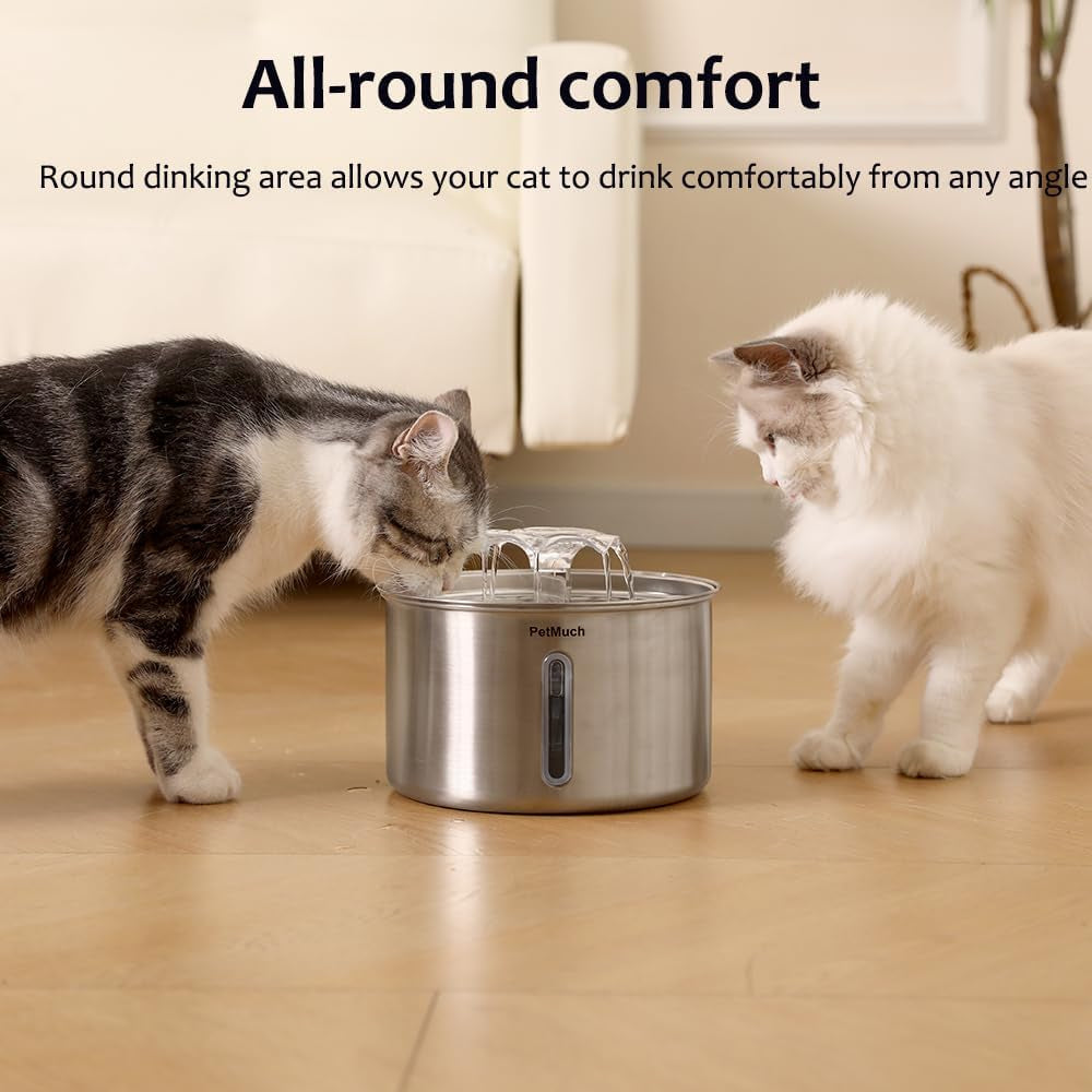 Stainless Steel Cat Fountain, 102 Oz/3L Automatic Pet Fountain for Cats and Small Dogs, Ultra-Quiet Pump with White LED Light, Water Level Window