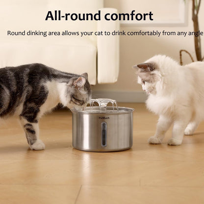 Stainless Steel Cat Fountain, 102 Oz/3L Automatic Pet Fountain for Cats and Small Dogs, Ultra-Quiet Pump with White LED Light, Water Level Window
