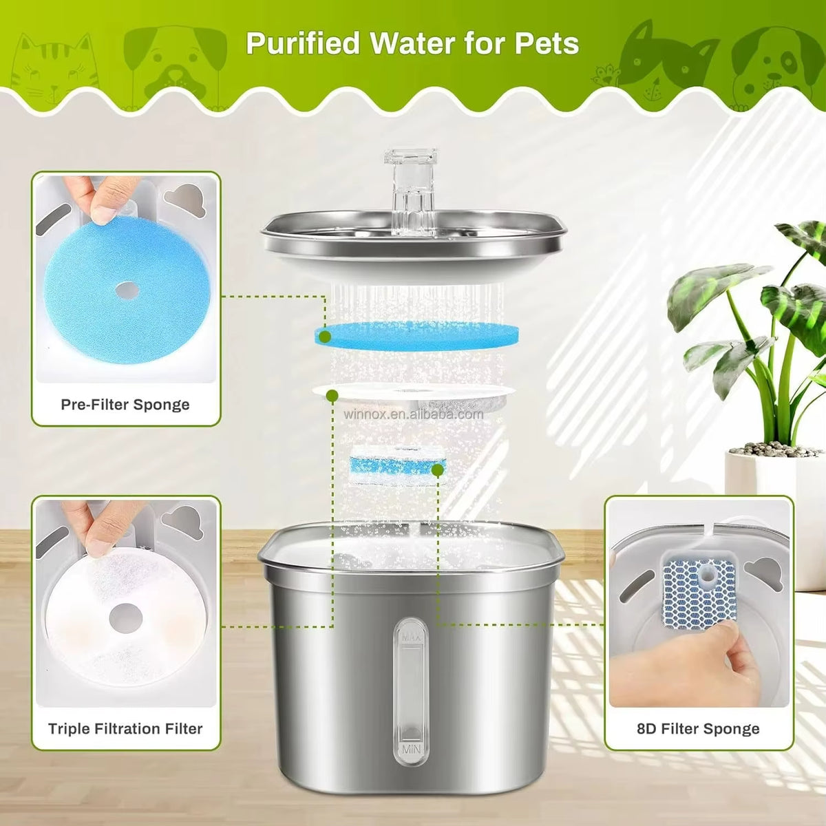 Stainless Steel Pet Water Fountain, Automatic Cat Water Dispenser with Running Stream