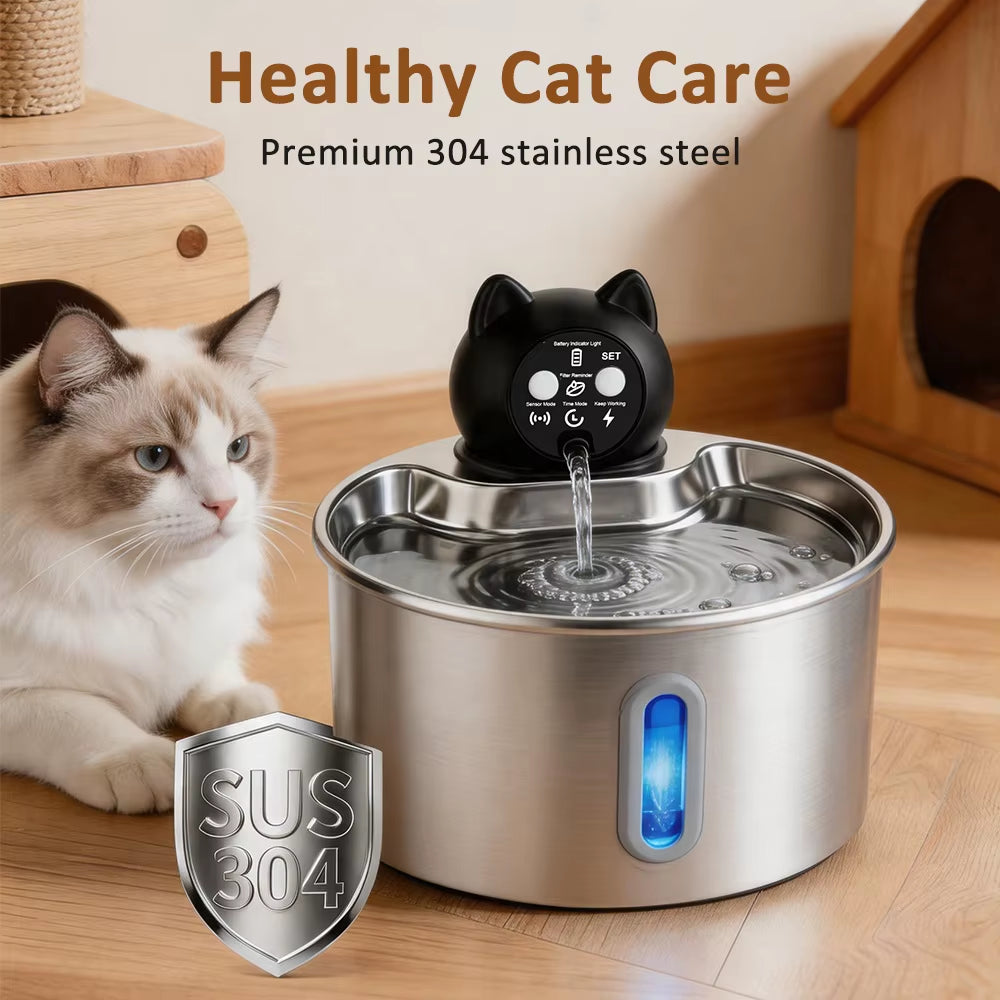 Smart Sensor Wireless Pet Water Fountain 2.2L 304 Stainless Steel Automatic Cat Dog Water Dispenser with Timer Mode OEM