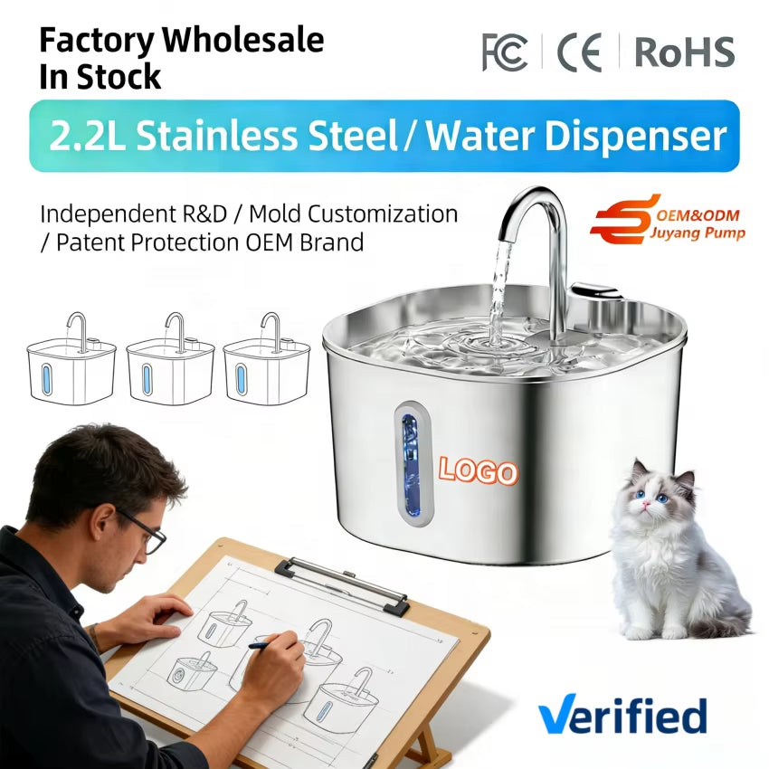 Customized 2.2L Stainless Steel Pet Water Fountain Factory Wholesale Super Silent Automatic Dog Cat Water Dispenser