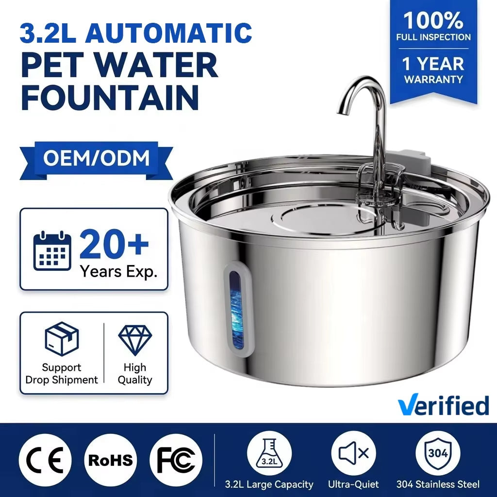 Custom Automatic Cat Dog Water Fountain 3.2L Stainless Steel Pet Water Dispensers Quiet USB Powered Cat Drinking Fountain