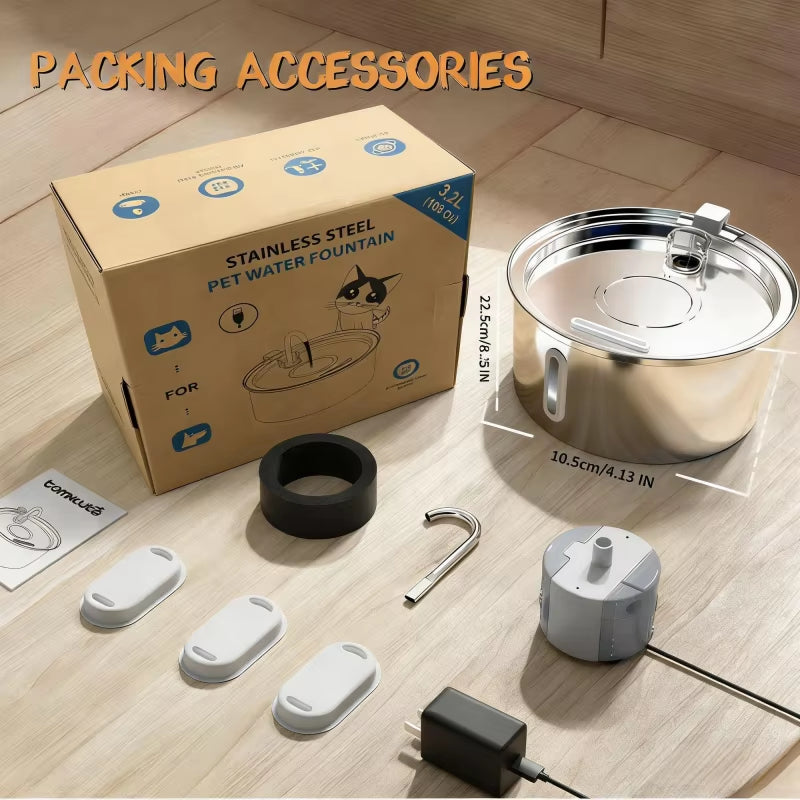 Custom Automatic Cat Dog Water Fountain 3.2L Stainless Steel Pet Water Dispensers Quiet USB Powered Cat Drinking Fountain