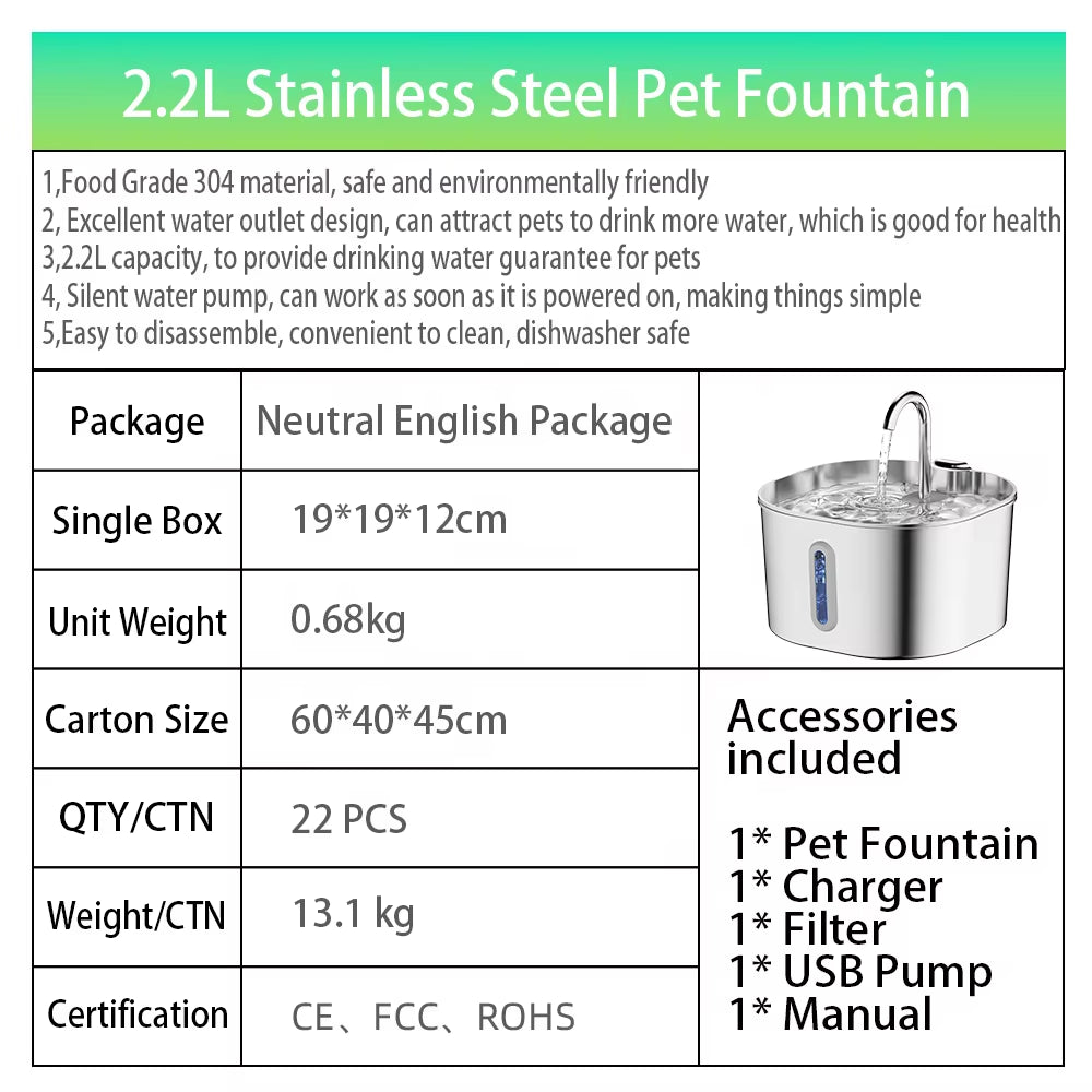 Customized 2.2L Stainless Steel Pet Water Fountain Factory Wholesale Super Silent Automatic Dog Cat Water Dispenser