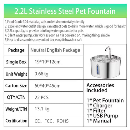 Customized 2.2L Stainless Steel Pet Water Fountain Factory Wholesale Super Silent Automatic Dog Cat Water Dispenser
