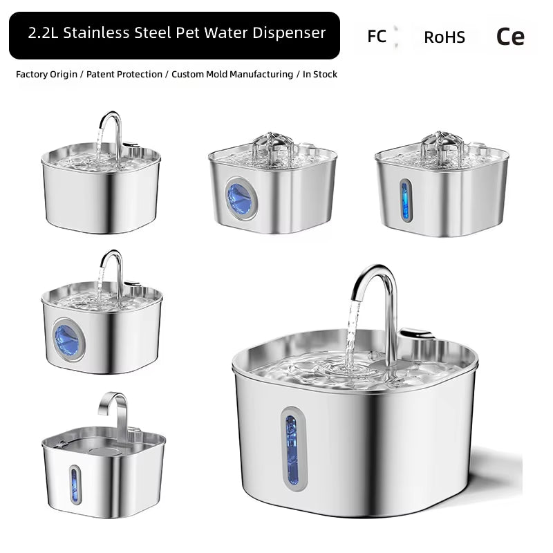 Stainless Steel Solid Square Dog & Cat Water Fountain for Large Dogs 9L Automatic Pet Fountain Dispenser Water Level Indoor Bowl