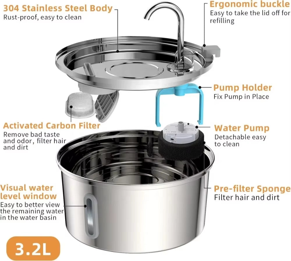 Custom Automatic Cat Dog Water Fountain 3.2L Stainless Steel Pet Water Dispensers Quiet USB Powered Cat Drinking Fountain