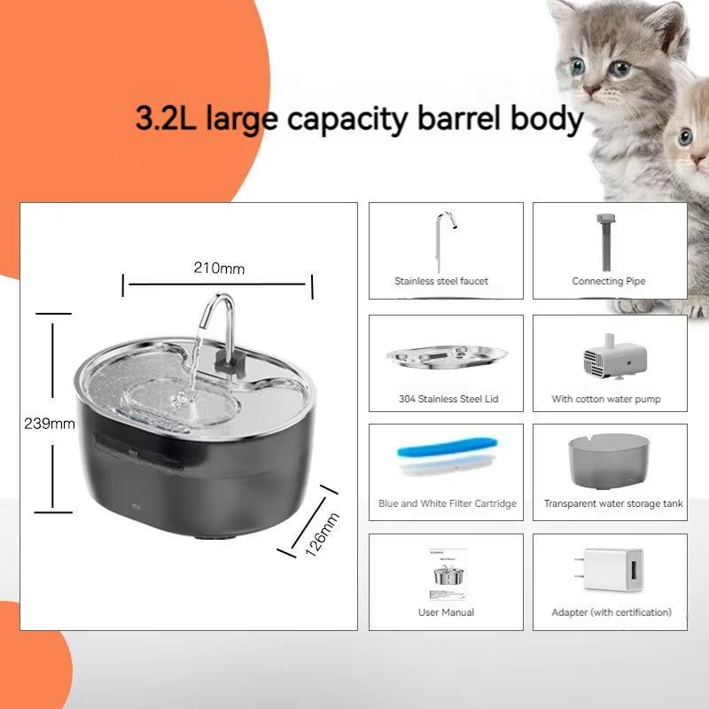 3.2L Portable Pet Water Fountain, Rechargeable Stainless Steel Automatic, Ultra Quiet Cat Dog Water Dispenser, in Stock