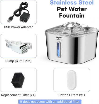 Stainless Steel Cat Water Fountain – 2.2L/74Oz Ultra-Quiet Pump, Visible Water Level, Dual Flow Modes – Automatic Pet Water Dispenser for Cats & Small Dogs