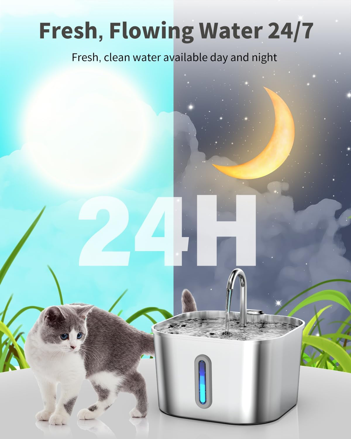 Cat Water Fountain Stainless Steel, 74Oz/2.2L Pet Fountain | Quiet Pump, Easy to Clean, Cat Drinking Fountain for Indoor Cats and Small Dogs