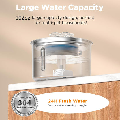 Stainless Steel Cat Fountain, 102 Oz/3L Automatic Pet Fountain for Cats and Small Dogs, Ultra-Quiet Pump with White LED Light, Water Level Window