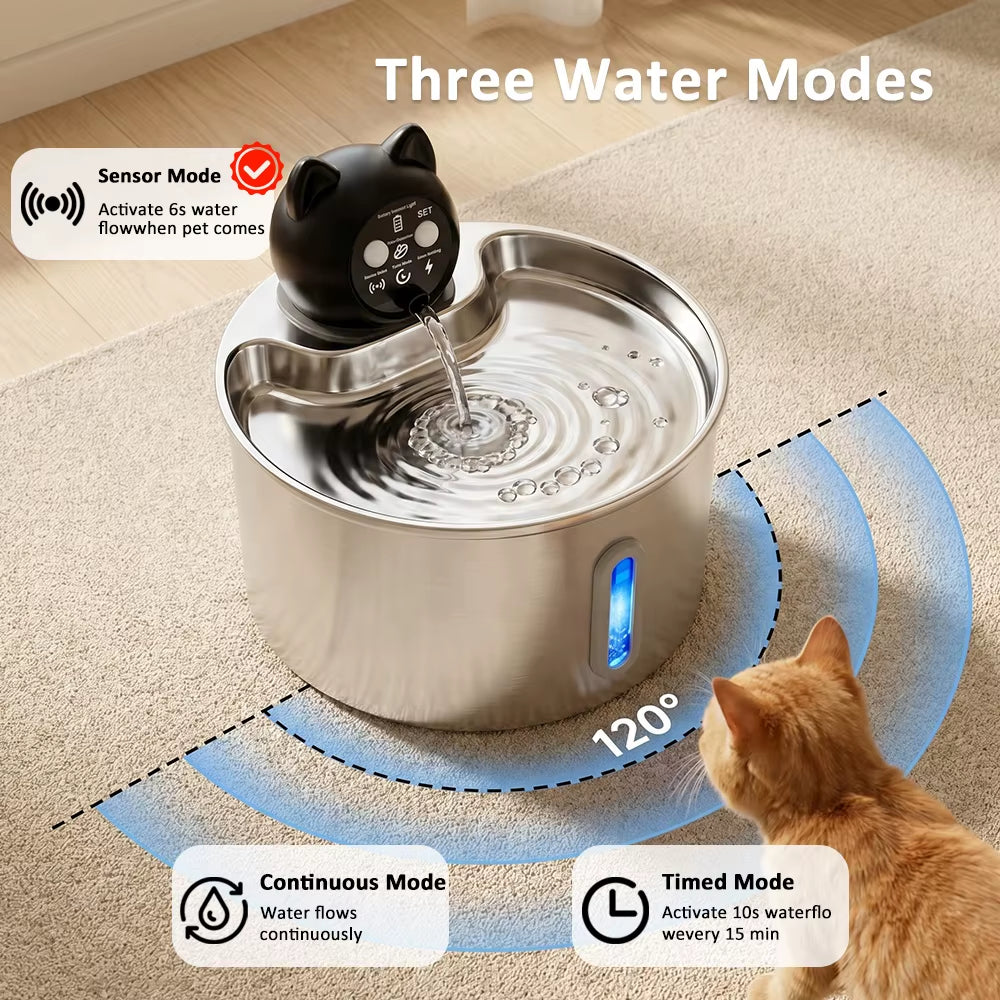 Smart Sensor Wireless Pet Water Fountain 2.2L 304 Stainless Steel Automatic Cat Dog Water Dispenser with Timer Mode OEM
