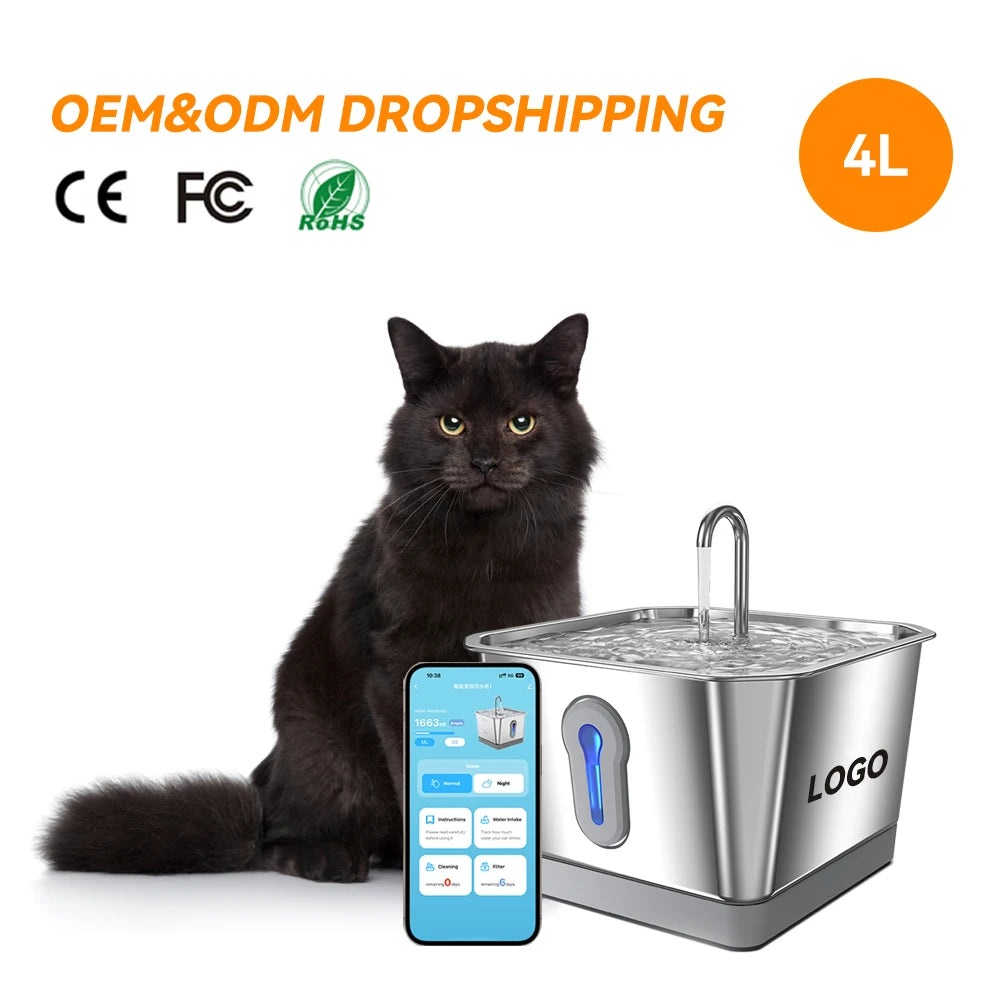 4L/135Oz Pet Drinking Fountain Wireless 5000Mah Stainless Steel Smart Water Dispenser Cat Water Fountain Stainless Steel Wifi