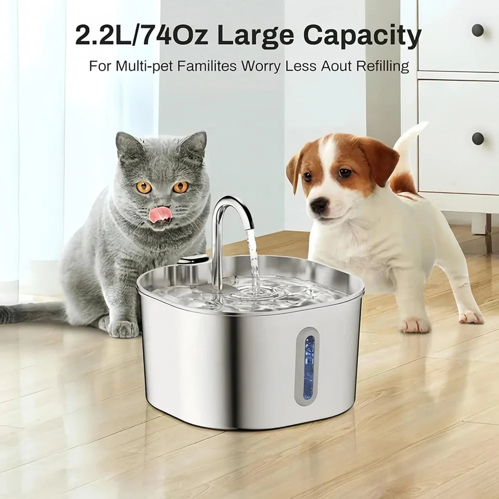 Factory Wholesale 2.2L Ultra Quiet Stainless Steel Cat Water Fountain Custom Automatic Pet Water Dispenser for Cats Dogs