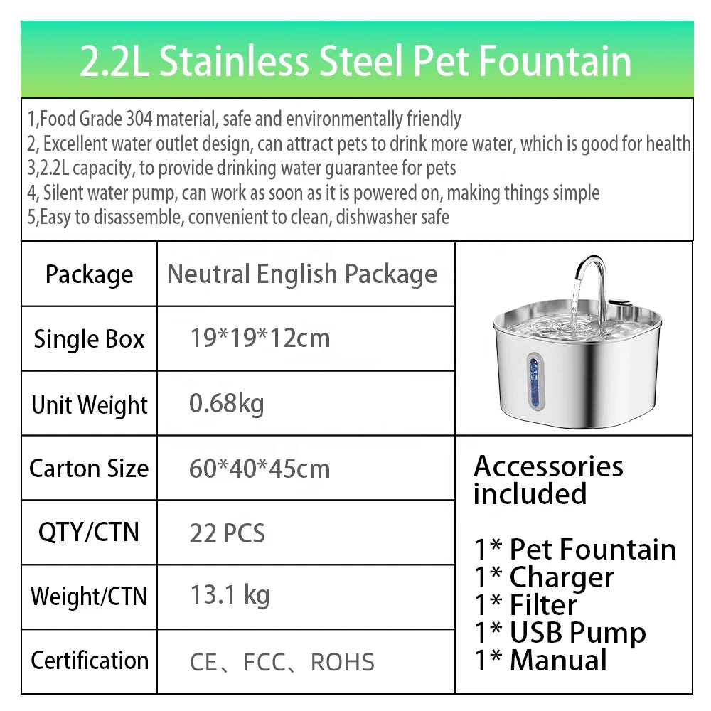 Factory Wholesale 2.2L Ultra Quiet Stainless Steel Cat Water Fountain Custom Automatic Pet Water Dispenser for Cats Dogs
