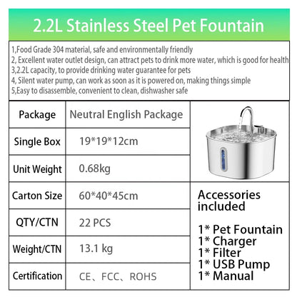 Factory Wholesale 2.2L Ultra Quiet Stainless Steel Cat Water Fountain Custom Automatic Pet Water Dispenser for Cats Dogs