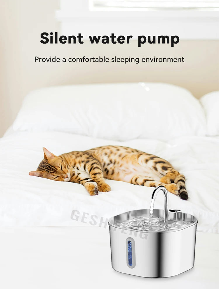 2.2L Stainless Steel Cat Drinking Fountain AC Powered, No Battery Needed, Quiet Pet Water Dispenser with Strip Window