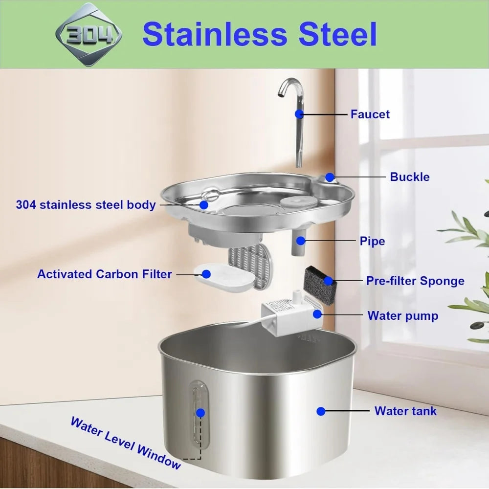 Factory Wholesale 2.2L Ultra Quiet Stainless Steel Cat Water Fountain Custom Automatic Pet Water Dispenser for Cats Dogs