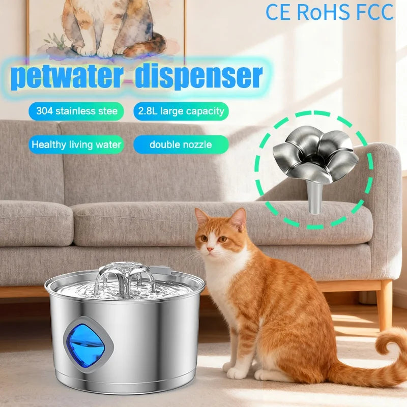 Cat Water Fountain Dog Water Dispenser Pet Drinking Fountain Stainless Steel Quiet Pet Water Fountain