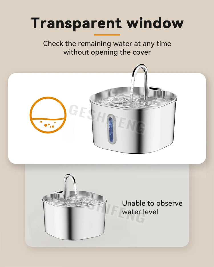 2.2L Stainless Steel Cat Drinking Fountain AC Powered, No Battery Needed, Quiet Pet Water Dispenser with Strip Window