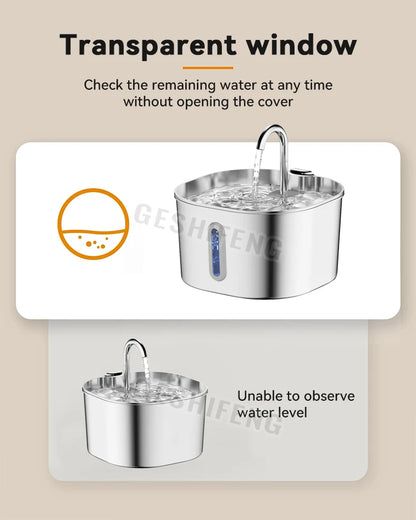 2.2L Stainless Steel Cat Drinking Fountain AC Powered, No Battery Needed, Quiet Pet Water Dispenser with Strip Window