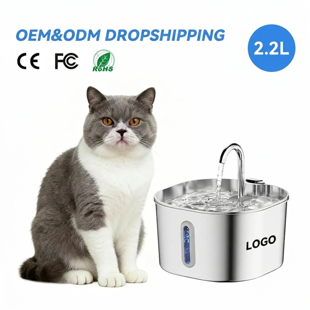 2.2L Stainless Steel Cat Drinking Fountain AC Powered, No Battery Needed, Quiet Pet Water Dispenser with Strip Window