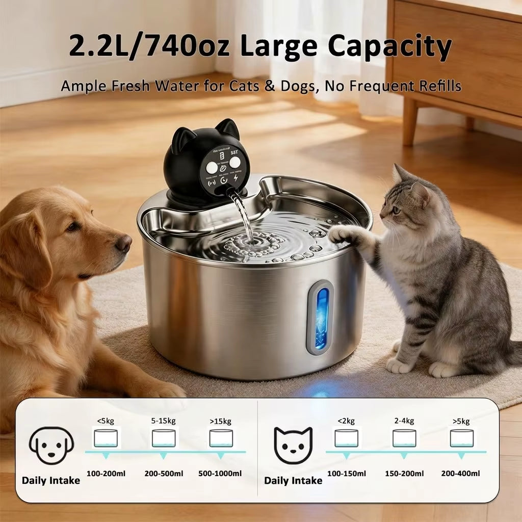 Smart Sensor Wireless Pet Water Fountain 2.2L 304 Stainless Steel Automatic Cat Dog Water Dispenser with Timer Mode OEM