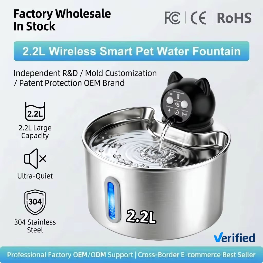 Smart Sensor Wireless Pet Water Fountain 2.2L 304 Stainless Steel Automatic Cat Dog Water Dispenser with Timer Mode OEM