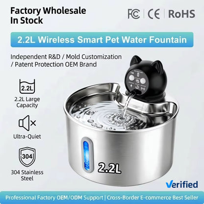 Smart Sensor Wireless Pet Water Fountain 2.2L 304 Stainless Steel Automatic Cat Dog Water Dispenser with Timer Mode OEM