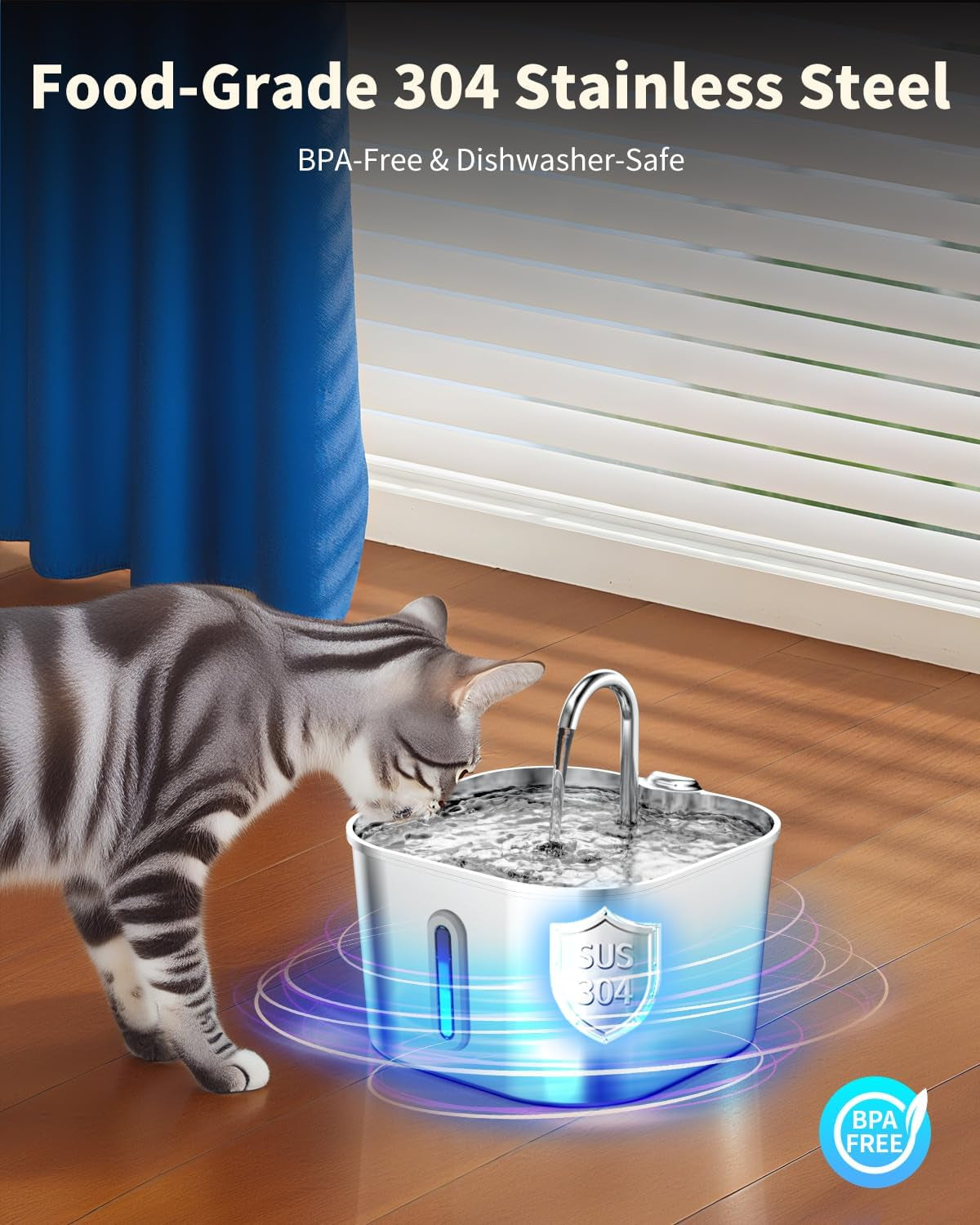 Cat Water Fountain Stainless Steel, 74Oz/2.2L Pet Fountain | Quiet Pump, Easy to Clean, Cat Drinking Fountain for Indoor Cats and Small Dogs