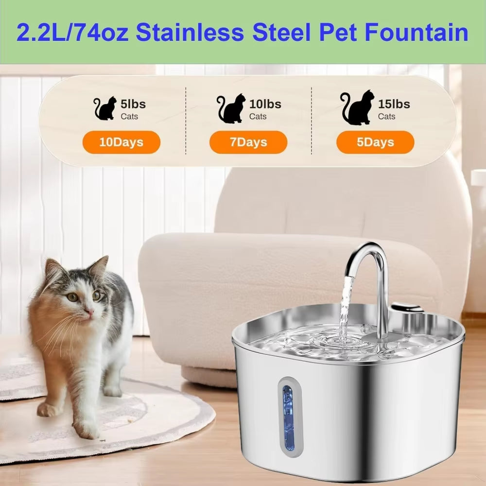 Customized 2.2L Stainless Steel Pet Water Fountain Factory Wholesale Super Silent Automatic Dog Cat Water Dispenser