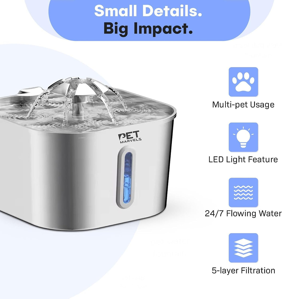 Stainless Steel Cat Water Fountain – 2.2L/74Oz Ultra-Quiet Pump, Visible Water Level, Dual Flow Modes – Automatic Pet Water Dispenser for Cats & Small Dogs