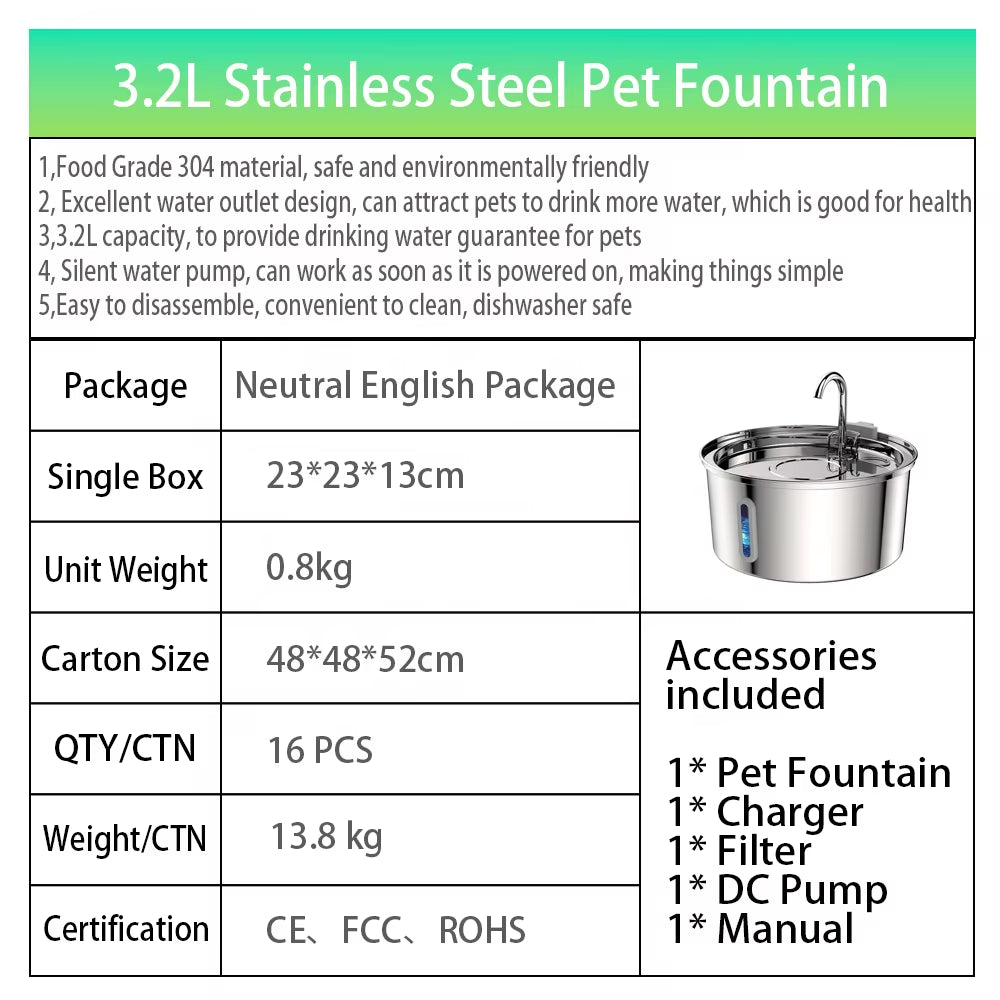 Custom Automatic Cat Dog Water Fountain 3.2L Stainless Steel Pet Water Dispensers Quiet USB Powered Cat Drinking Fountain