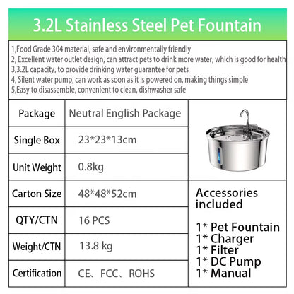 Custom Automatic Cat Dog Water Fountain 3.2L Stainless Steel Pet Water Dispensers Quiet USB Powered Cat Drinking Fountain