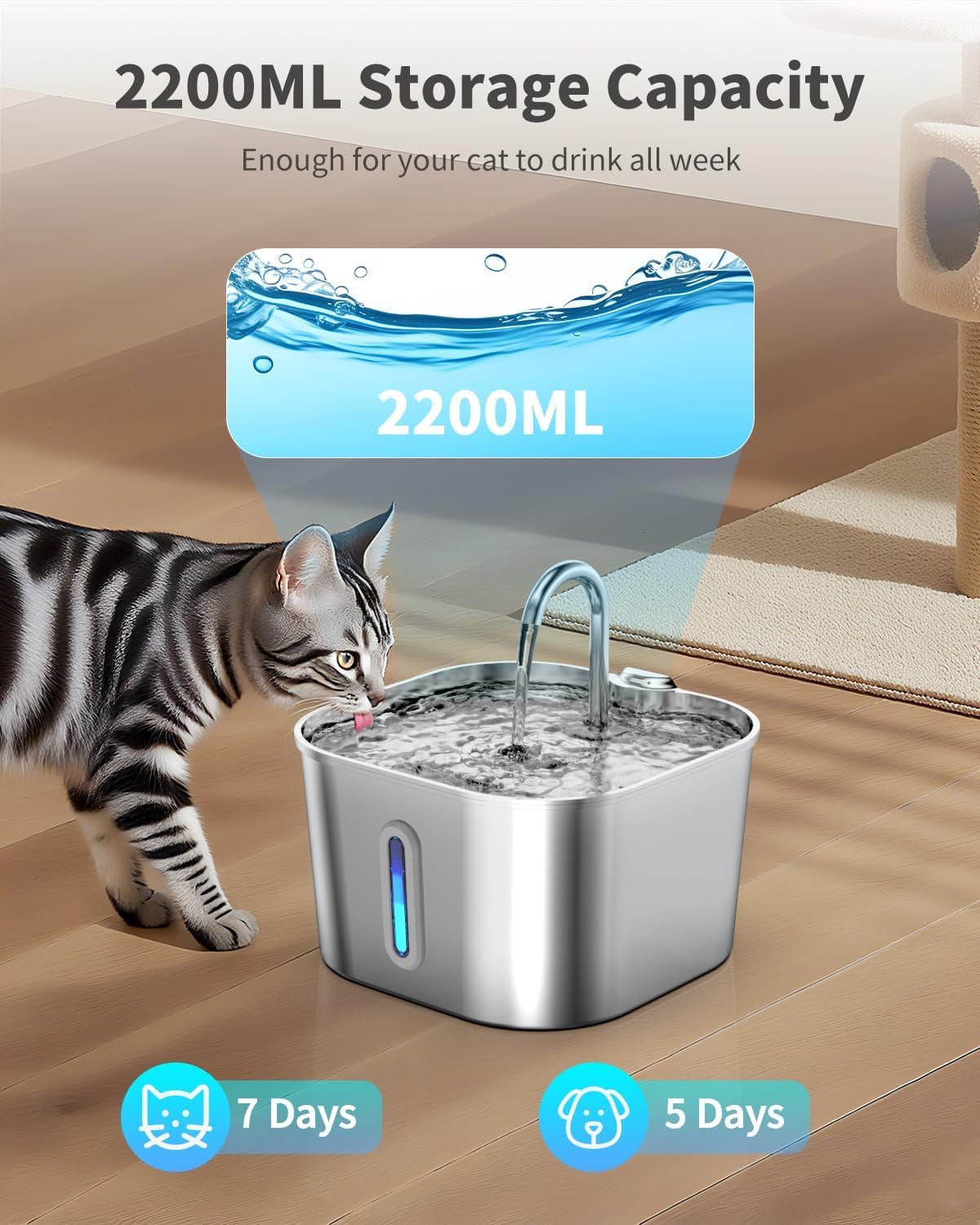 Cat Water Fountain Stainless Steel, 74Oz/2.2L Pet Fountain | Quiet Pump, Easy to Clean, Cat Drinking Fountain for Indoor Cats and Small Dogs