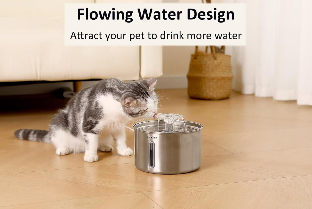 Stainless Steel Cat Fountain, 102 Oz/3L Automatic Pet Fountain for Cats and Small Dogs, Ultra-Quiet Pump with White LED Light, Water Level Window