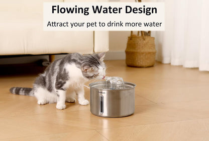 Stainless Steel Cat Fountain, 102 Oz/3L Automatic Pet Fountain for Cats and Small Dogs, Ultra-Quiet Pump with White LED Light, Water Level Window
