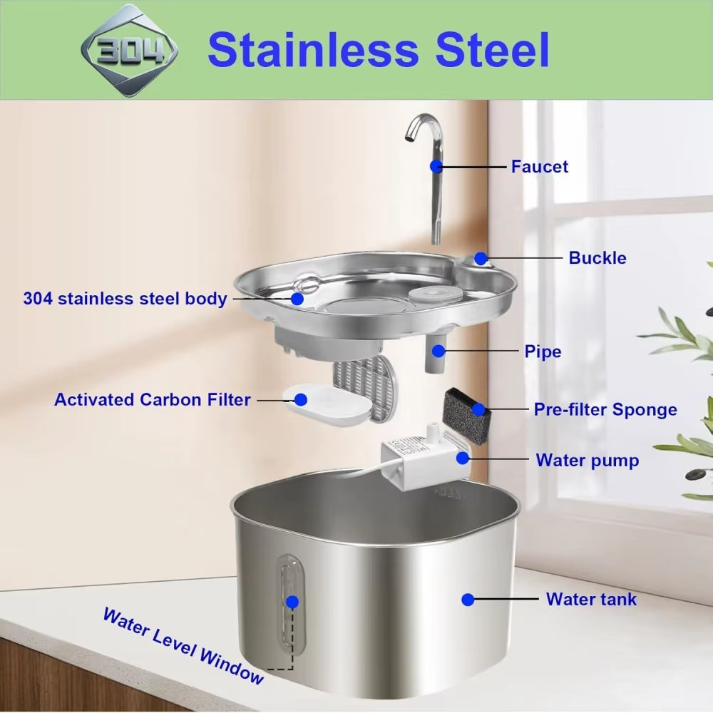 Customized 2.2L Stainless Steel Pet Water Fountain Factory Wholesale Super Silent Automatic Dog Cat Water Dispenser