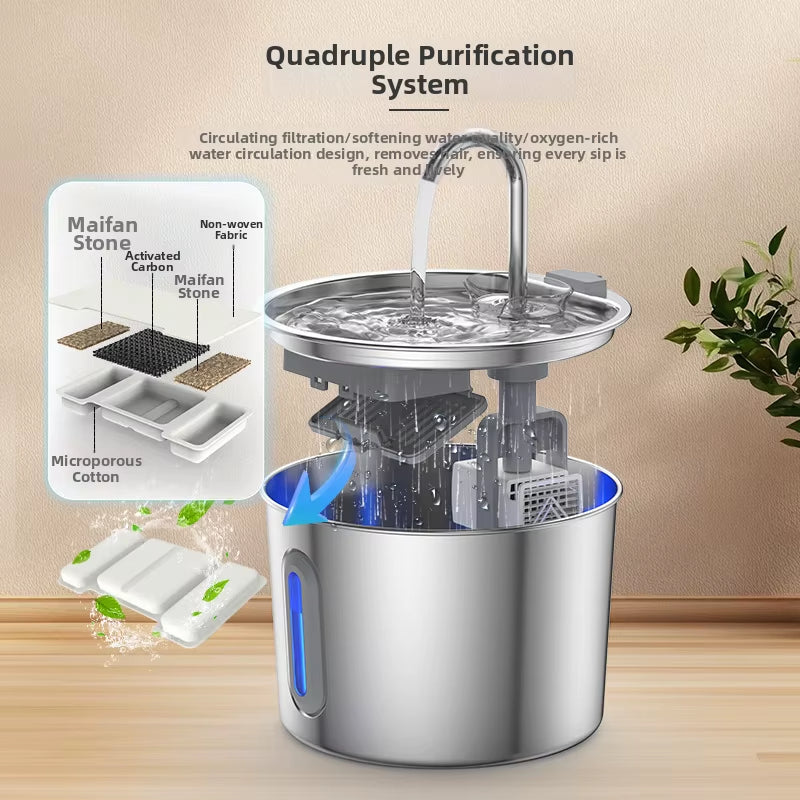Pet Waterproof Outdoor & Travel Use 2.2L Stainless Steel Automatic Water Fountain for Cats and Dogs